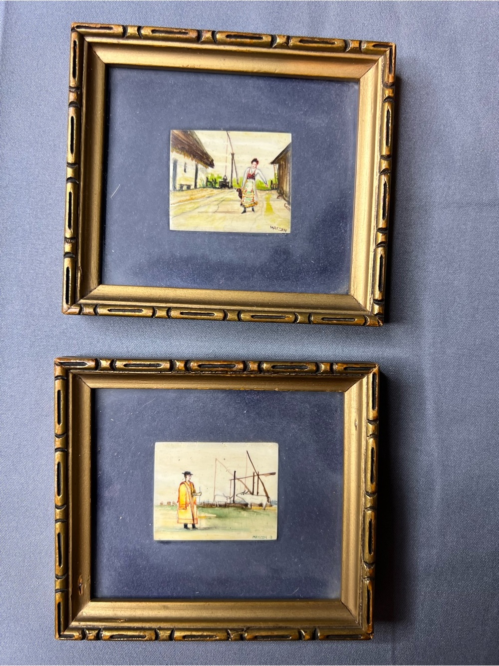 Vintage Miniature Hand Painted Asian Art Framed Set of 2 Signed 3x4